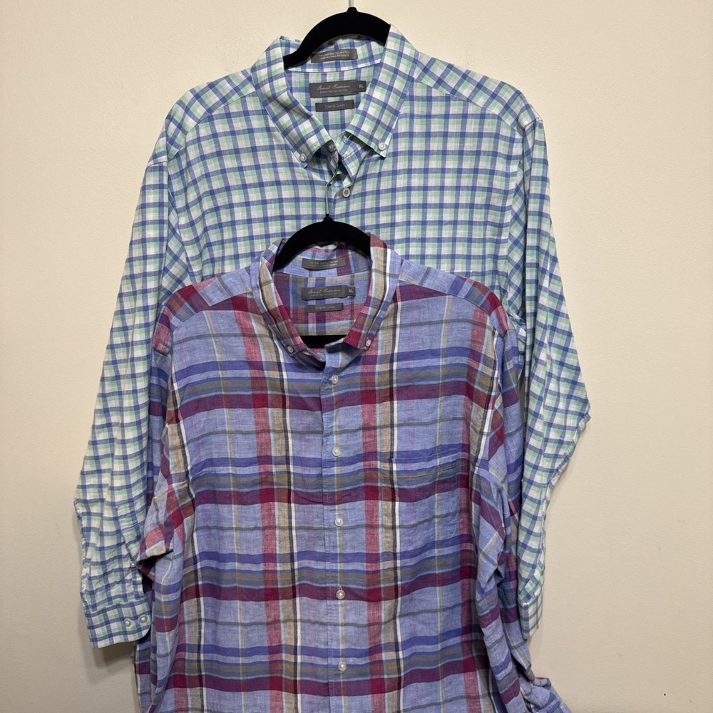 2 Daniel Cremieux Men's XL Linen Button Down Shirts Plaid Stretch EUC